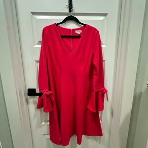 Hot Pink Calvin Klein bow sleeve V neck dress size 14 with gold zipper